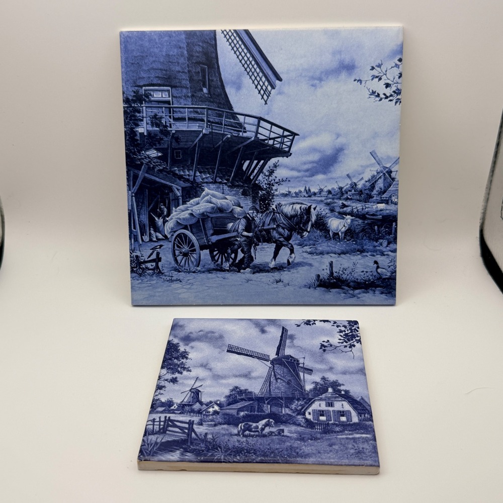 Royal Mosa Holland Windmill Ceramic Tiles Blue White J.C. van Hunnik Set of 2